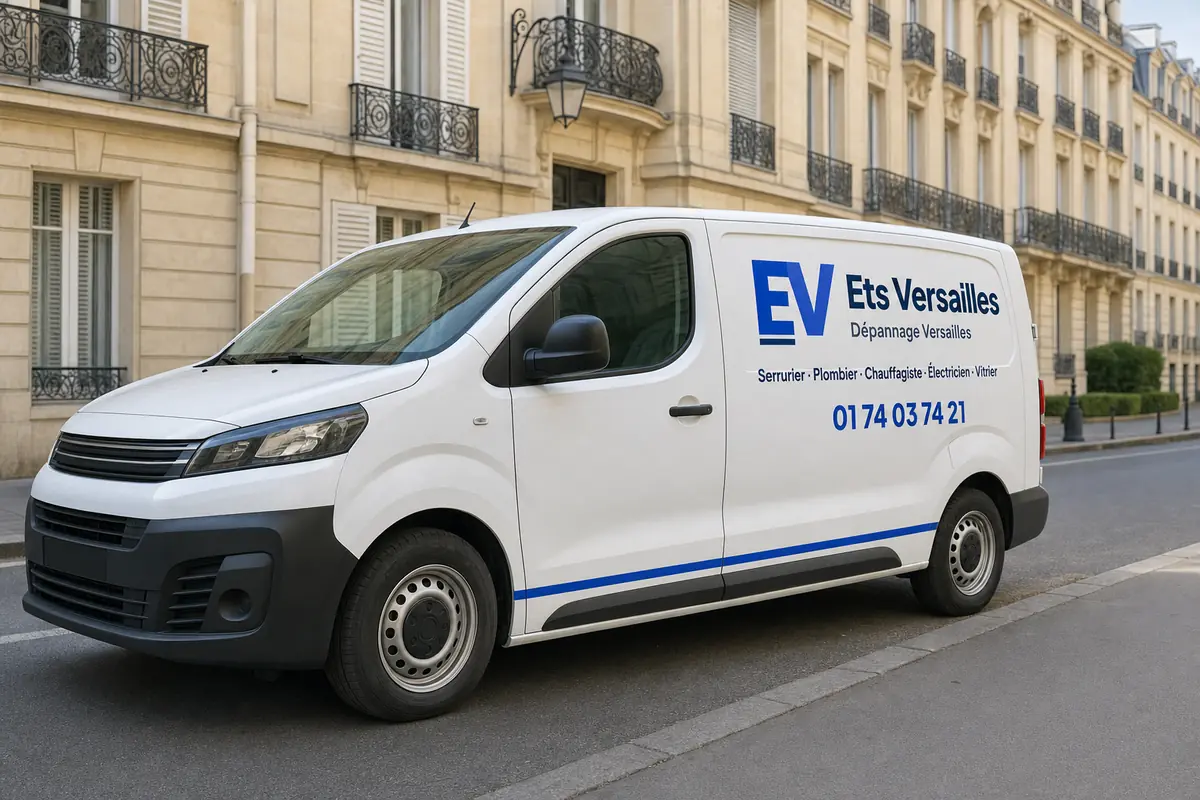 Camionnette d'intervention Ets Versailles garée devant des immeubles en pierre à Versailles
